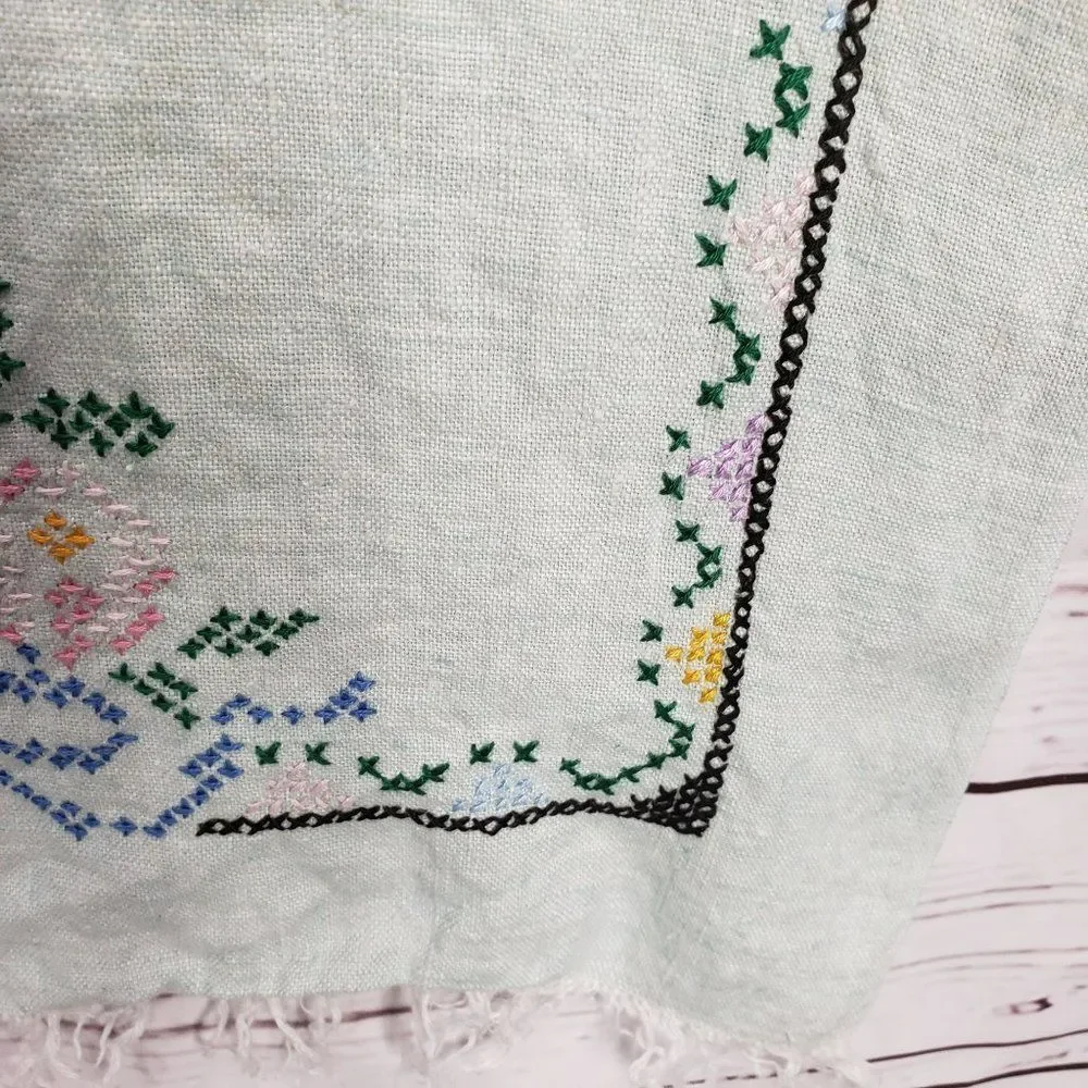 Vintage Dresser Scarf Table Runner Floral‎ Handmade Hand Stitched Fringe Green
